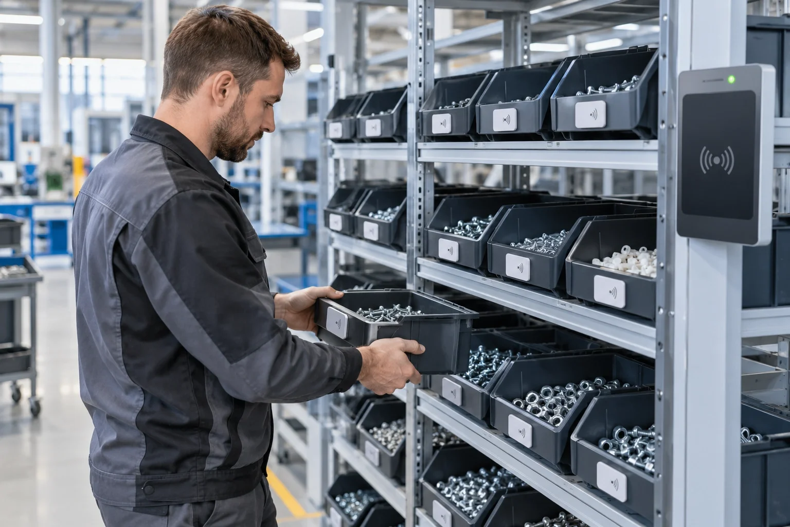RFID-Tafel und gekennzeichnete Behälter in einem Kanban-System